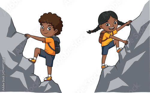 Children rock climbing adventure, outdoor activity illustration, teamwork and exploration, cartoon kids climbing rocks, active lifestyle, fun vector art