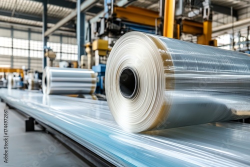 Close Up of Food Packaging Roll in Processing Equipment in Large Food Factory for Industrial Use