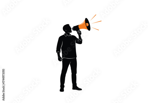 A person silhouetted against a white background holding a megaphone and speaking loudly.