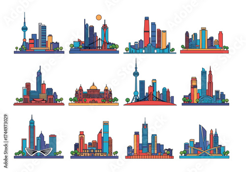 A collection of modern city skylines with tall buildings in various styles and colors.