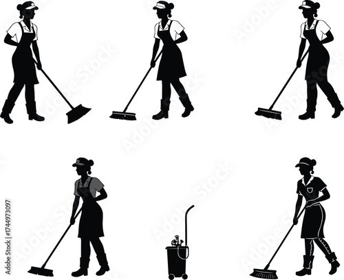 Cleaning staff silhouettes, janitorial tools, mop and broom, sanitation posture, uniform attire, hygiene task, cleaning cart, service, equipment, worker