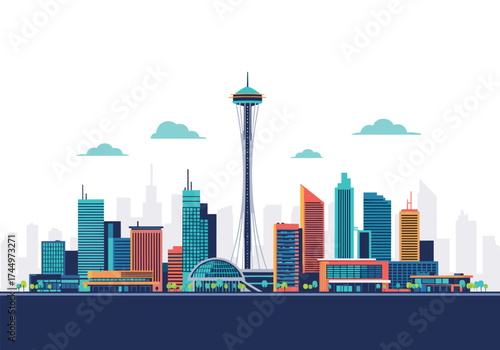 A colorful flat illustration of a modern cityscape with various buildings and a tall observation tower reaching towards the sky.