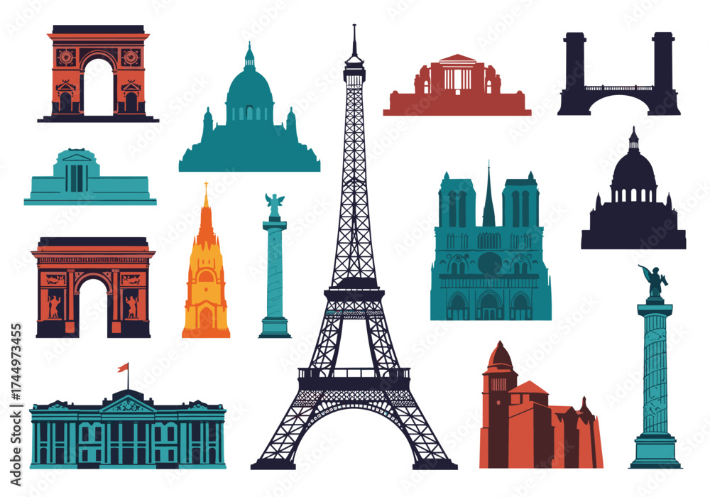 Obraz premium Collection of iconic Parisian landmarks in a stylized pixel art design.