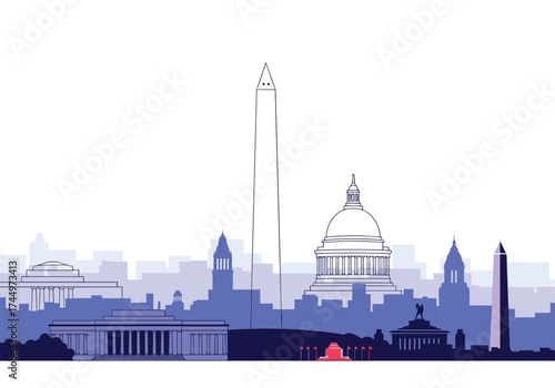 A panoramic view of the iconic landmarks and skyline of Washington DC.