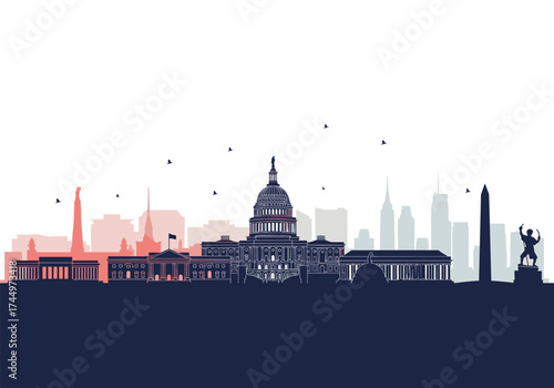 Iconic silhouette of Washington DC cityscape with landmarks and monuments.
