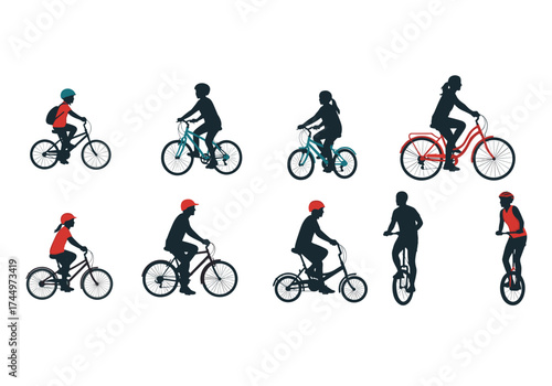 Various people riding bicycles and unicycles in silhouette.