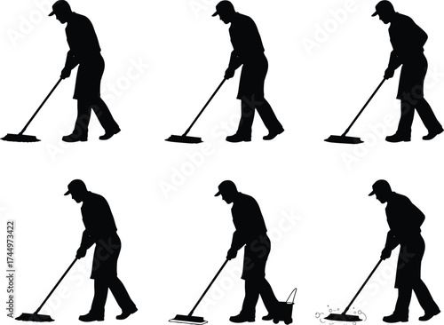 Cleaning worker silhouettes, floor mopping, sanitation posture, apron attire, bucket and mop, hygiene procedure, janitorial task, uniform, spill, gesture