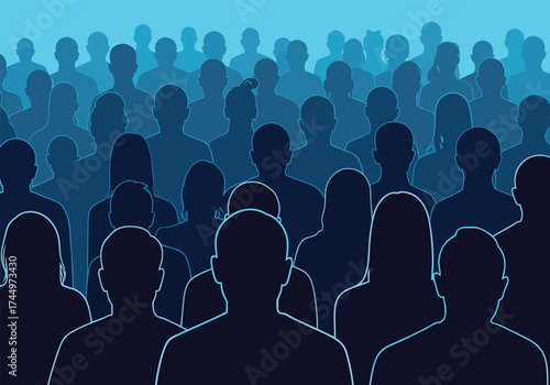 Silhouettes of a large crowd of people against a blue background.