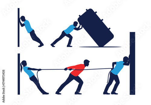Illustrations depicting various forces and their effects on objects in motion.