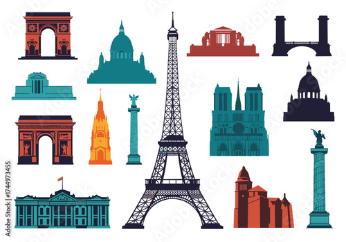 Collection of iconic Parisian landmarks in a stylized pixel art design.