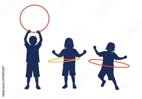 Children playing with hula hoops showing different moves and poses.