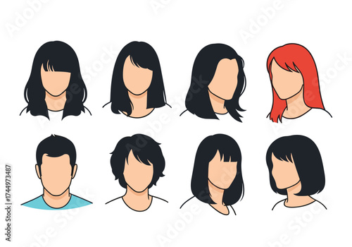 A collection of diverse hairstyles for men and women with different colors and lengths.