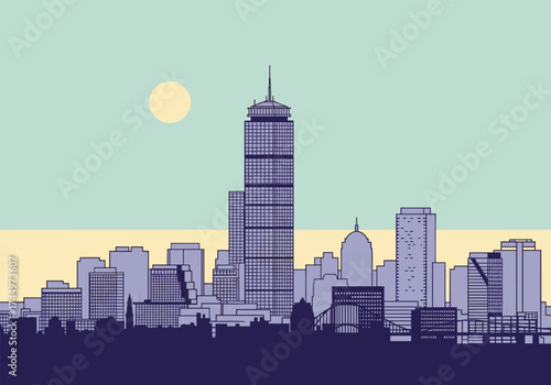 A minimalist depiction of a modern city skyline under a pale yellow sun.