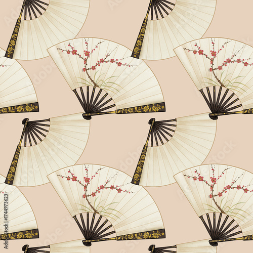Seamless Pattern of Japanese Folding Fans with Plum Blossom Pattern on Beige Background. Chinese Paper Fans wallpaper. Chinoiserie Style Decoration.