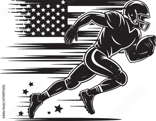 American Football player runs fast with US flag background