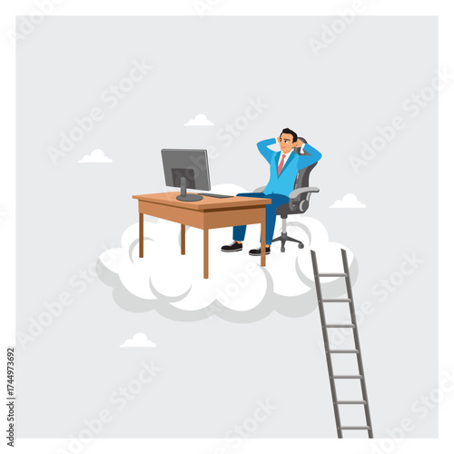 Successful businessman working his dream job on a desk in the clouds with a ladder.