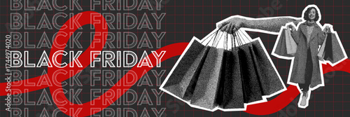 Black Friday sale shopping banner with halftone hand holding bags retro pop art style design