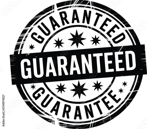 Bold Guaranteed Stamp Vector Icon with Stars and Banner ? Black and White Circular Seal for Quality Assurance, Warranty, or Certification Desig