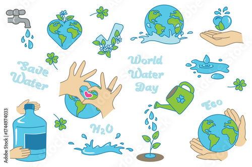 Water conservation vector set with eco icons including hands holding water, earth globe, clean water symbols and sustainability elements	
