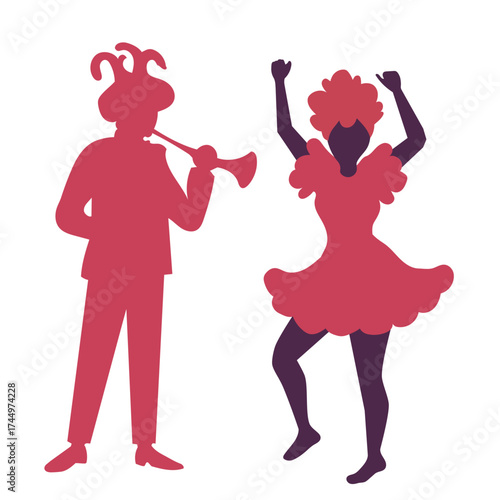 Man in jester hat playing horn and woman dancing. Carnival festival or mardi gras party with musical performance.