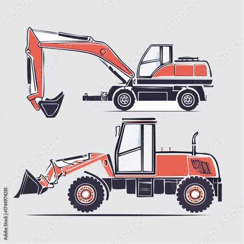 CAD Drawings. Set of silhouette heavy equipment vehicles. Side view. Vector illustration.