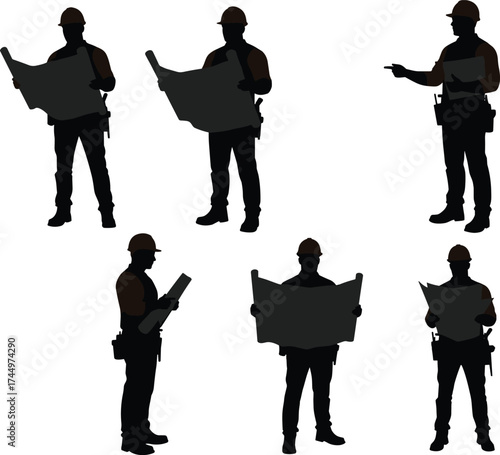 Construction worker silhouettes, blueprint review, hard hat safety, planning teamwork, engineering project, site inspection, tool belt, labor, architecture, collaboration