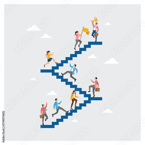 Business People Walk Up a Blue Staircase to Next Level Floor to The Top Toward Success.