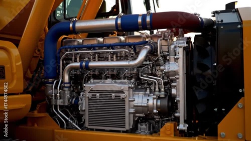 Cinematic dolly tracking shot across the excavator’s hydraulic engine area, emphasizing the metallic surfaces, hoses, and cooling system illuminated by warm sunset tones.
