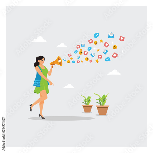 Young Public Relations Woman Talking with Megaphone on Social Media for Online Promotion.