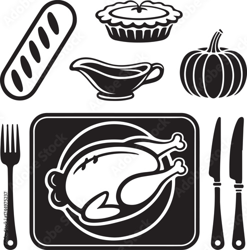 Thanksgiving Dinner Feast Elements Silhouettes Vector Illustration for Festive Occasion
