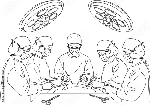 Surgical team performing operation in operating room illustration