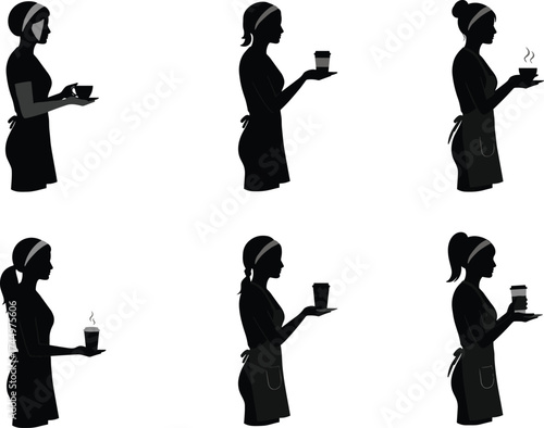Female silhouettes serving, coffee cup holding, apron attire, hot drink gesture, barista pose, hospitality staff, tea service, uniform, steam, cafe