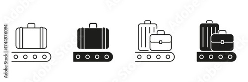 Luggage On Conveyor Belt Icon Set. Baggage Handling, Airport Luggage Claim, And Travel Logistics Outline And Silhouette Symbol Collection. Efficient Travel Management. Isolated Vector Illustration