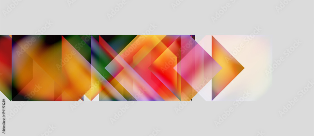 Naklejka premium Abstract geometric shapes overlap, creating vibrant color patterns. Warm tones dominate, fading into cooler hues. Composition suggests forward movement.