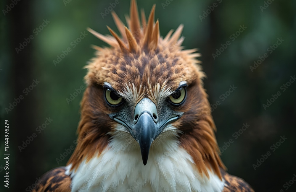 Obraz premium Close-up of Philippine eagle head. Large bird of prey with brown and white feathers, sharp beak, and intense gaze. Endangered species native to Philippine forests.