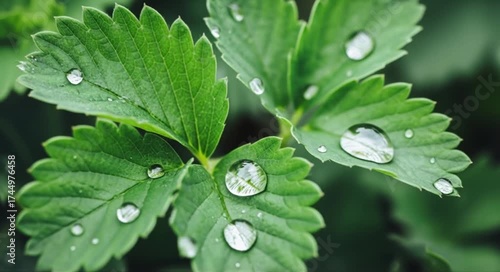 Vibrant green leaves glistening with fresh dew drops after a gentle rain shower.