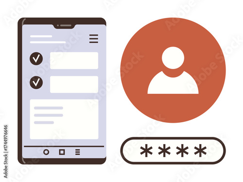 Mobile phone screen with checklist and navigation menu, user profile avatar in circle, and password field with masked characters. Ideal for security, login, app design, tech tutorials, user