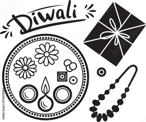 Diwali Thali with Offerings, Gift, Candies and Diwali Script. Festive Culture