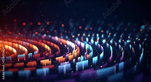 Vibrant digital stream of data flowing through a futuristic network with glowing lights.