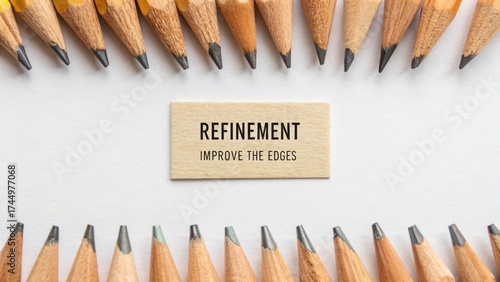 Pencils arranged around a sign promoting refinement