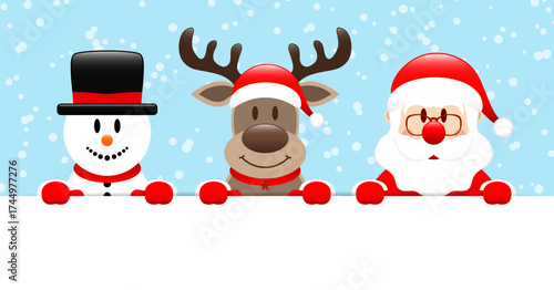 Schneemann Rentier Und Weihnachtsmann Halten Horizontales Banner Blau