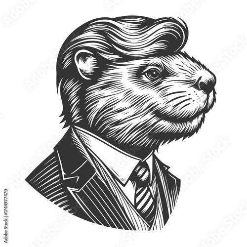 otter dressed in a formal suit and tie, intelligence, humor, anthropomorphic character design sketch engraving generative ai vector illustration. Scratch board imitation. Black and white image.