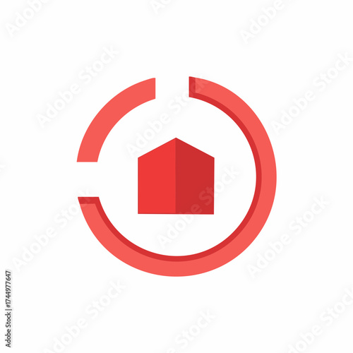 Modern 3D red house logo in an incomplete circular frame for real estate or home security