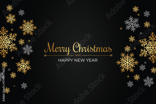Luxurious black background with shimmering metallic gold and silver snowflakes framing a central elegant Merry Christmas and Happy New Year greeting for sophisticated holiday celebrations