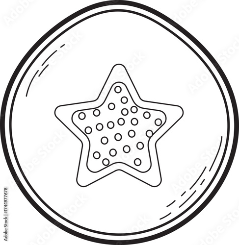 Hand drawn star cookie icon with dotted texture, black and white outline illustration in a circular frame