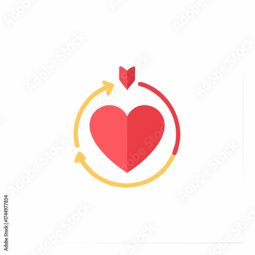 Red heart icon with arrows symbolizing health love and continuous care cycle flat design
