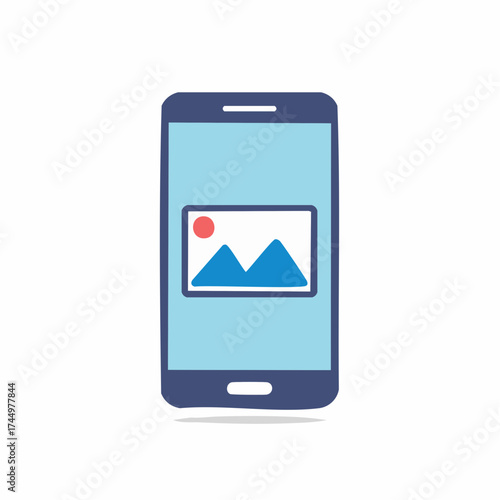 Simple smartphone displaying a stylized mountain landscape image and a red sun