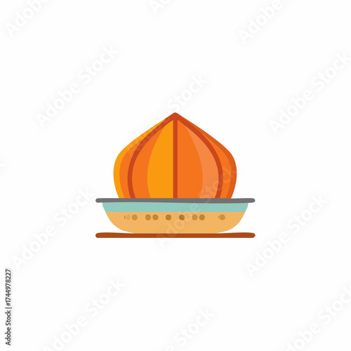 Geometric orange squeezer utensil icon with simple design for citrus fruit juicing, on a decorative yellow base
