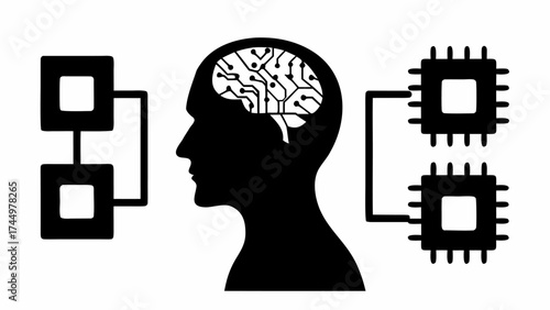 Artificial intelligence concept with human brain connecting to computer processors for neural networks, data science