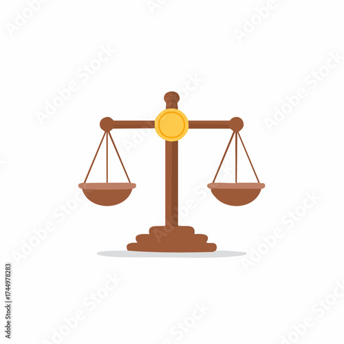 A traditional justice scale with a gold coin and balanced brown pans on a white background